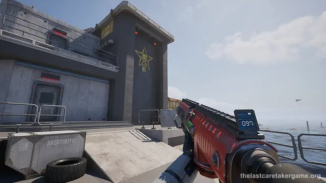 A concrete building with a yellow star emblem beside a sealed door, seen past a red weapon held in first person, in The Last Caretaker; the press kit does not say this is the Last Listener Station.