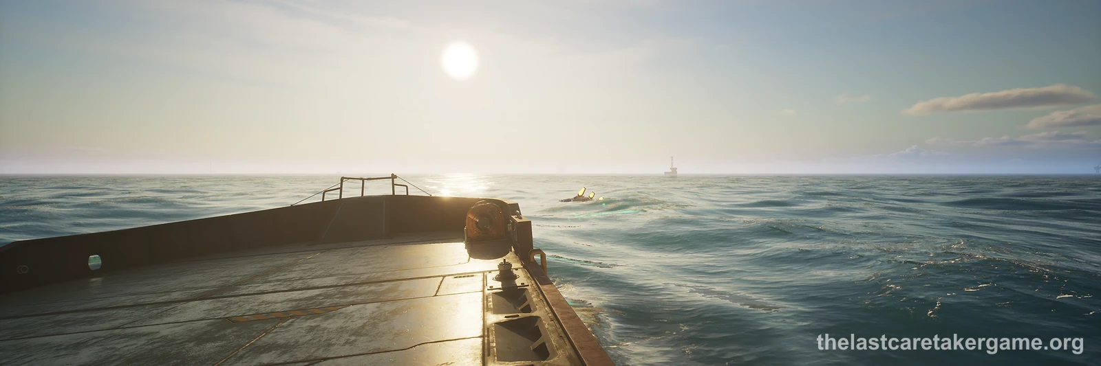 Das Deck des Schiffs auf offener See bei tief stehender Sonne in The Last Caretaker, aus dem offiziellen Pressepaket.