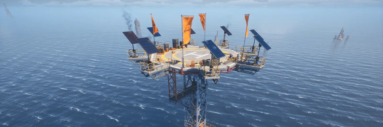 Solar panels and orange flags around a platform on top of a sea tower in The Last Caretaker.