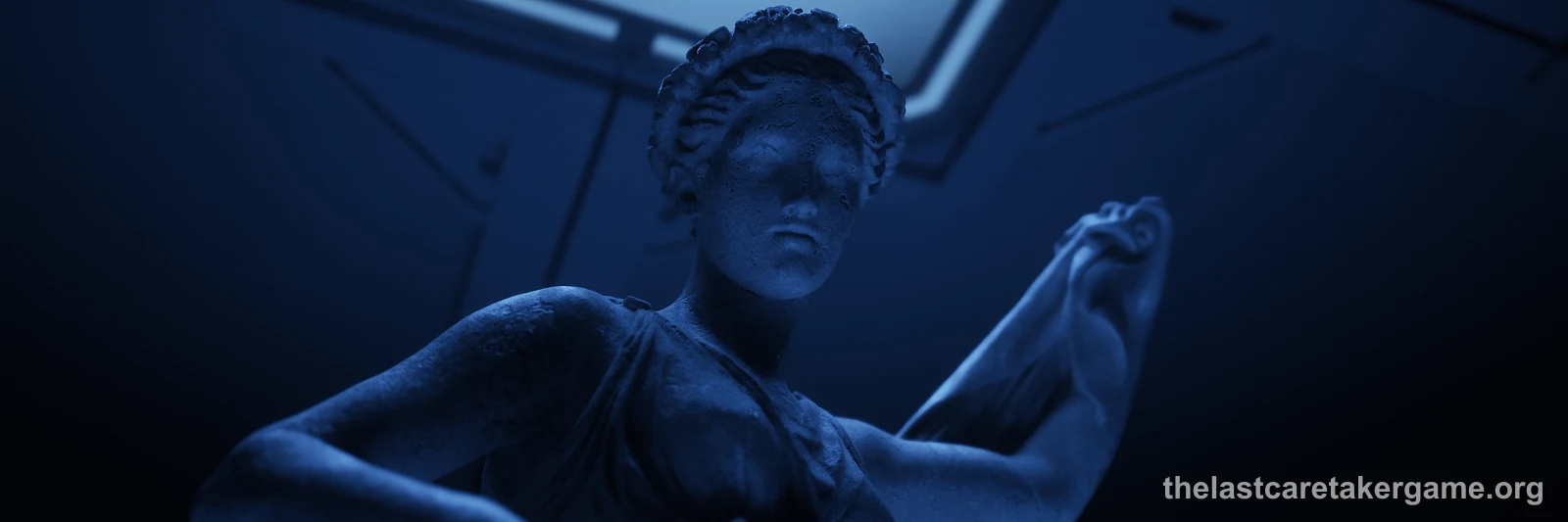 A classical statue of a woman lit in blue under a skylight in The Last Caretaker, from the Update 1 press kit.
