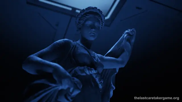 A classical statue of a woman lit in blue under a skylight in The Last Caretaker, from the Update 1 press kit.
