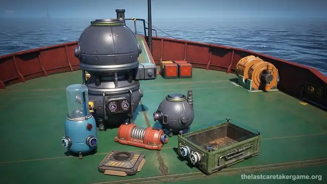 Utility modules on a boat deck, a domed tank, a blue tank and a red stabilizer, in The Last Caretaker, from the Update 3 press kit; it is not the North Bastion Boiler or a heater.