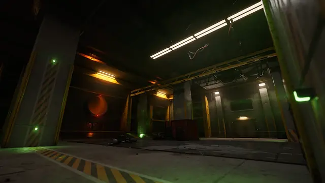 Heavy doors and a round vault door inside the Warehouse, with warning stripes and green door lights, in The Last Caretaker.